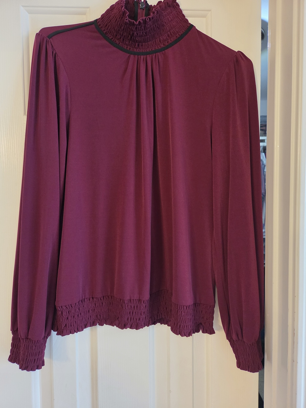 Karl Lagerfeld Smocked High-Neck Long-Sleeve Top in Plum